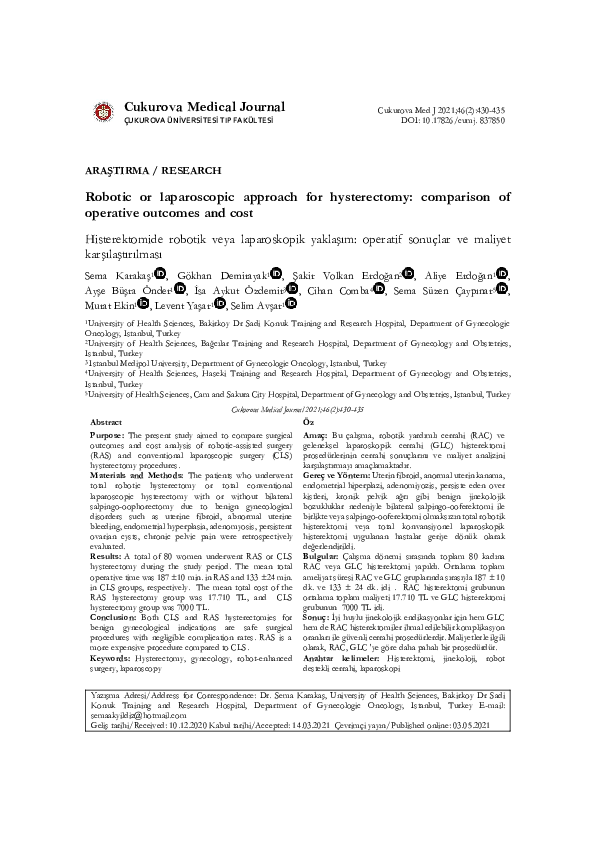 (PDF) Robotic or laparoscopic approach for hysterectomy: comparison of ...