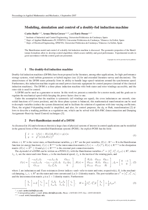 (PDF) Modeling, simulation and control of a doubly-fed induction machine