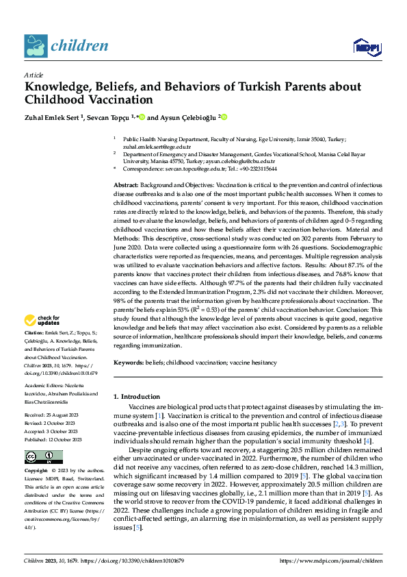 (PDF) Knowledge, Beliefs, and Behaviors of Turkish Parents about ...