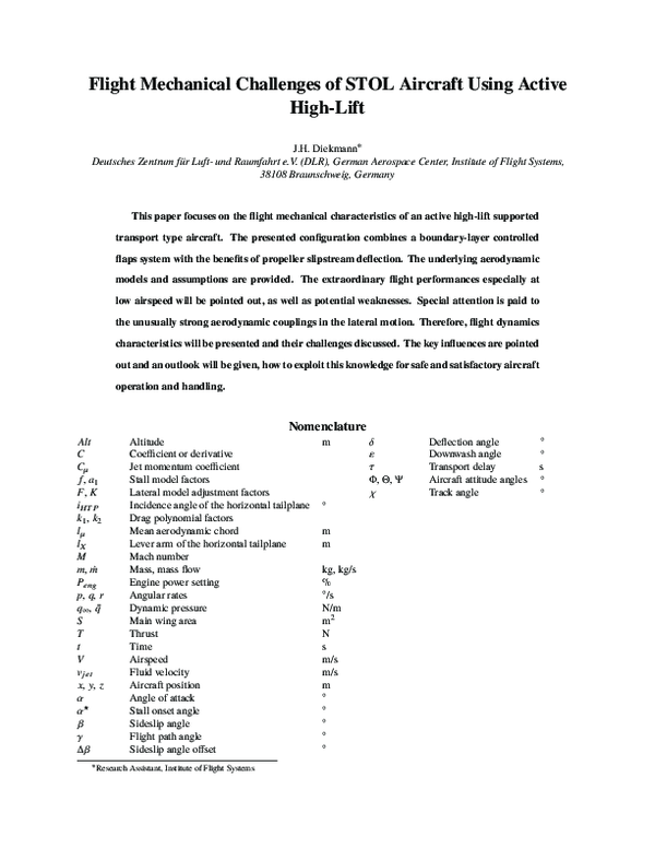(PDF) Flight Mechanical Challenges of STOL Aircraft Using Active High ...
