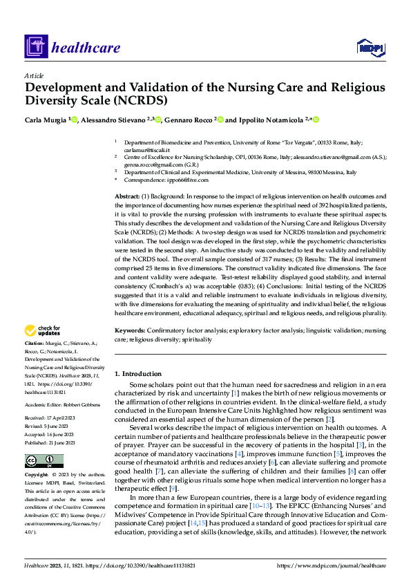 (PDF) Development and Validation of the Nursing Care and Religious ...
