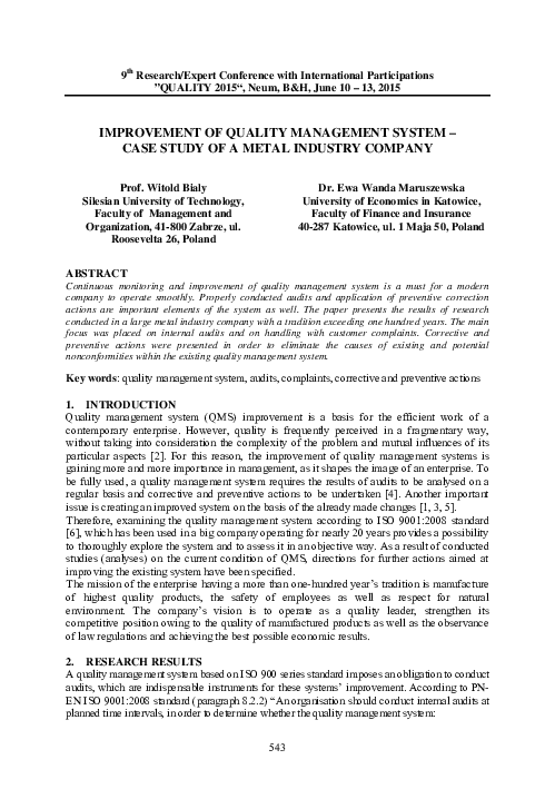 (PDF) Improvement of Quality Management System - Case Study of a Metal ...