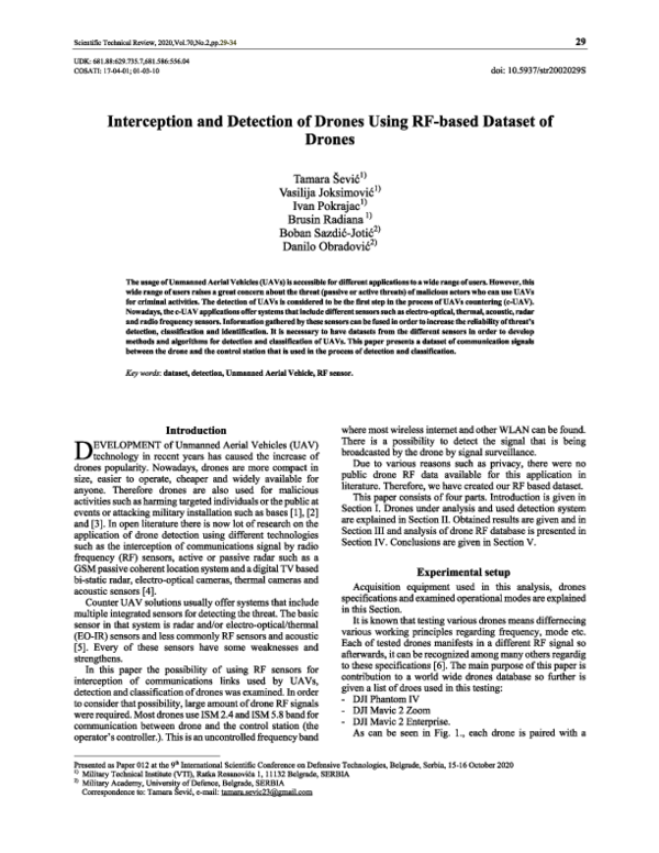 (PDF) Interception and detection of drones using RF-based dataset of drones