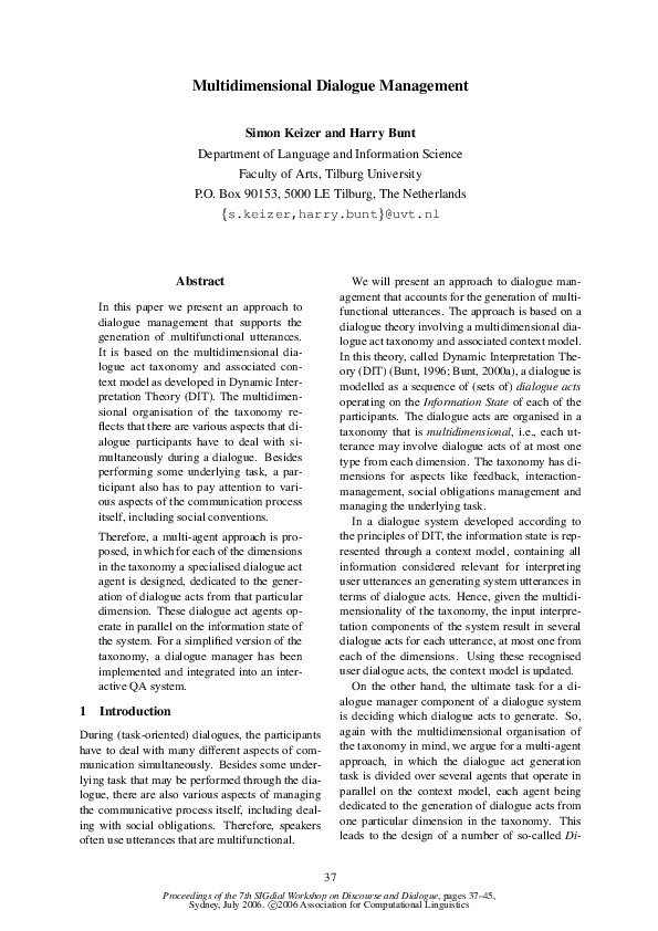 (PDF) Multidimensional dialogue management