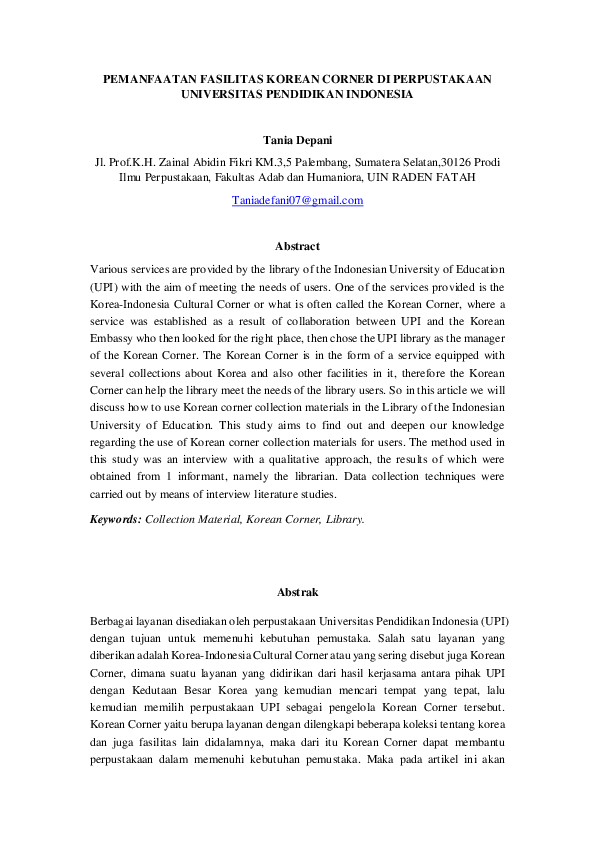 Pdf Pemanfaatan Fasilitas Korean Corner Di Perpustakaan Universitas