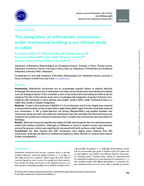 (PDF) The integration of orthodontic miniscrews under mechanical loading a preclinical study
