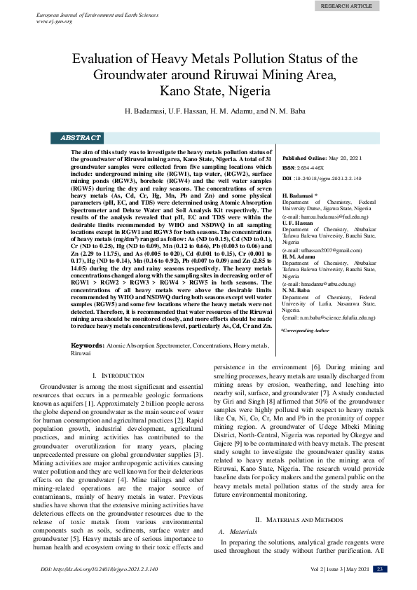 (PDF) Evaluation of Heavy Metals Pollution Status of the Groundwater ...