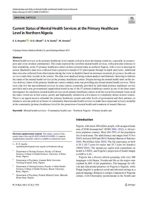 (PDF) Current Status of Mental Health Services at the Primary ...