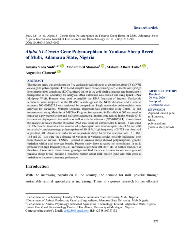 (PDF) Polymorphism of Alpha S1-Casein Gene in Yankasa Sheep Breed of ...