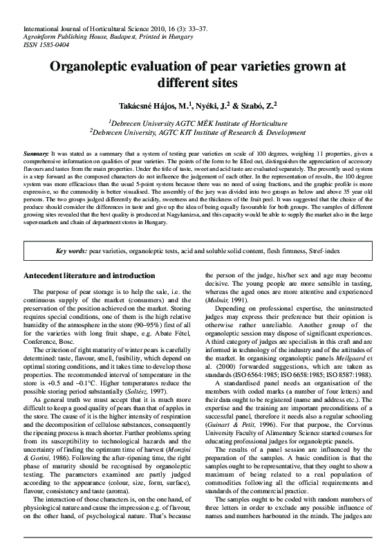 (PDF) Organoleptic evaluation of pear varieties grown at different sites