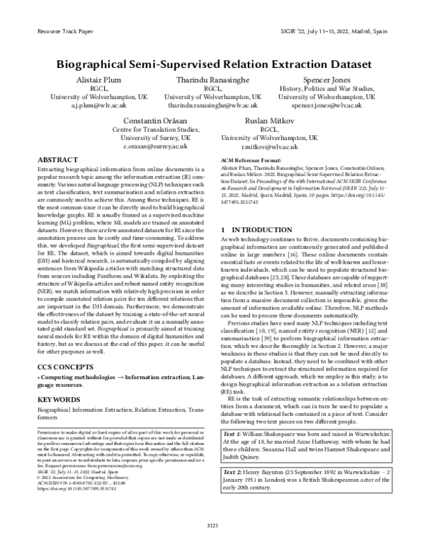 (PDF) Biographical SemiSupervised Relation Extraction Dataset