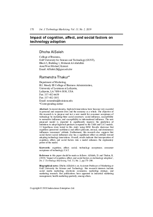 (PDF) Impact of Cognition, Affect, and Social Factors on Technology ...