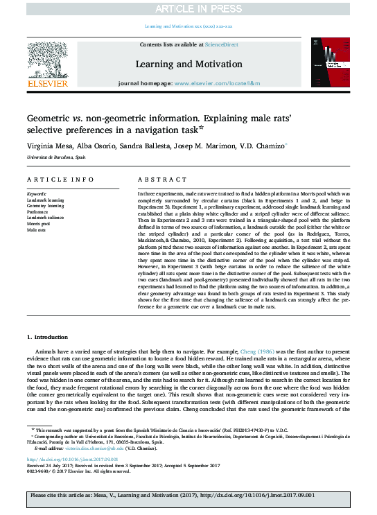 (PDF) Geometric vs . non-geometric information. Explaining male rats ...