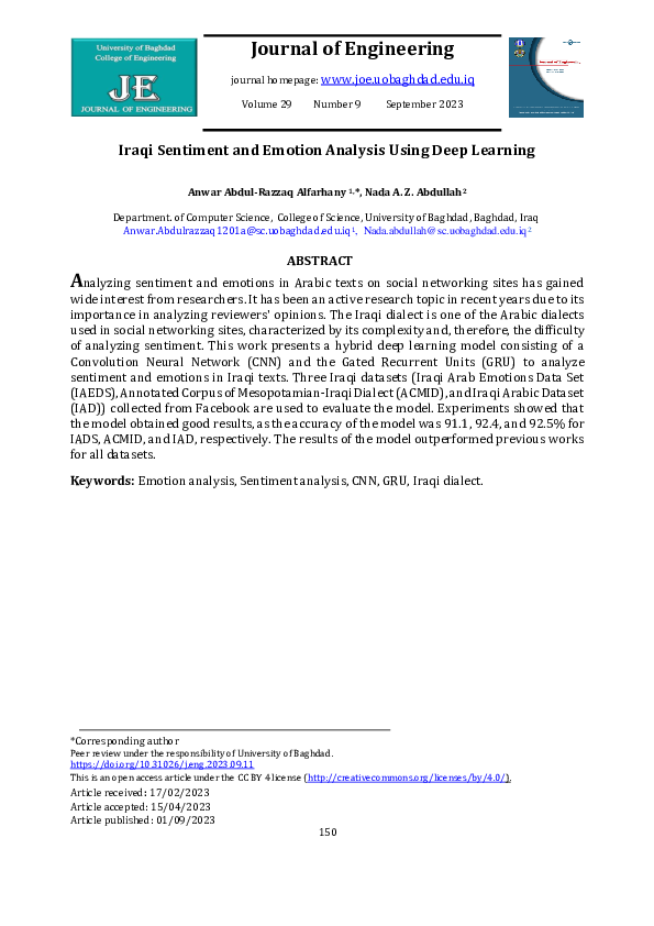 (PDF) Iraqi Sentiment and Emotion Analysis Using Deep Learning