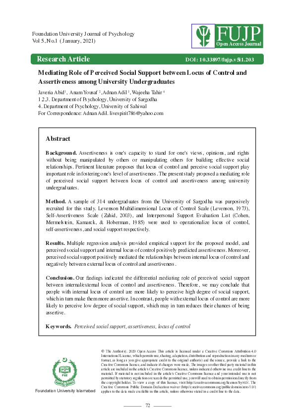 (PDF) Mediating Role of Perceived Social Support between Locus of ...