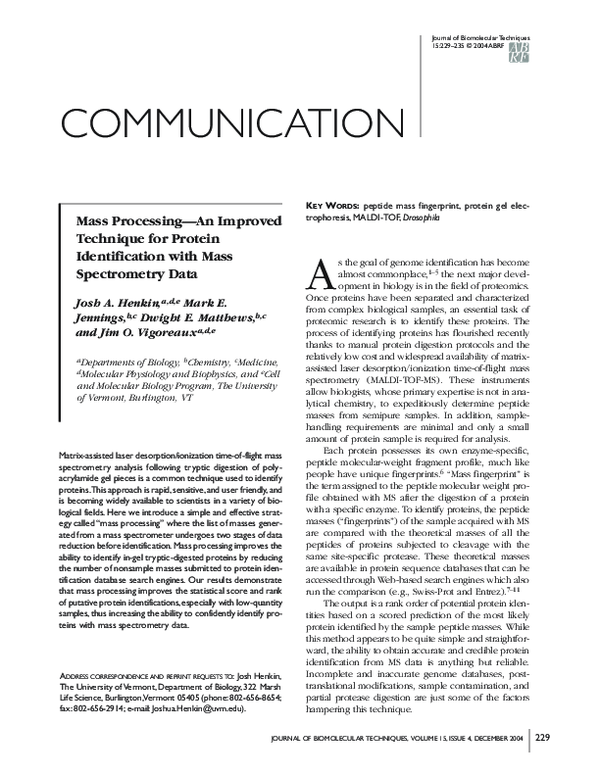 (PDF) Mass Processing—An Improved Technique for Protein Identification ...