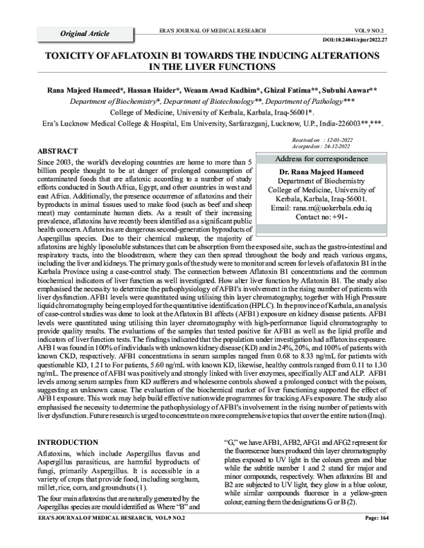 (PDF) Toxicity of Aflatoxin B1 Towards the Inducing Alterations in the ...