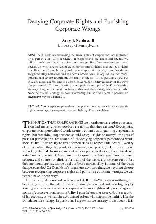 (PDF) Denying Corporate Rights and Punishing Corporate Wrongs