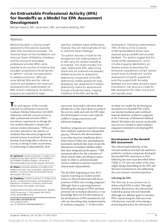 (PDF) An entrustable professional activity (EPA) for handoffs as a ...