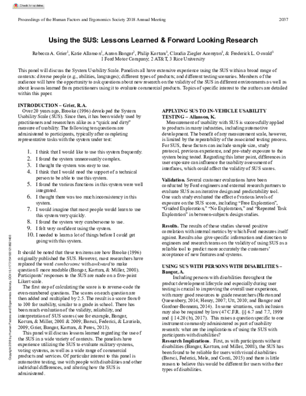 (PDF) Using the SUS: Lessons Learned & Forward Looking Research