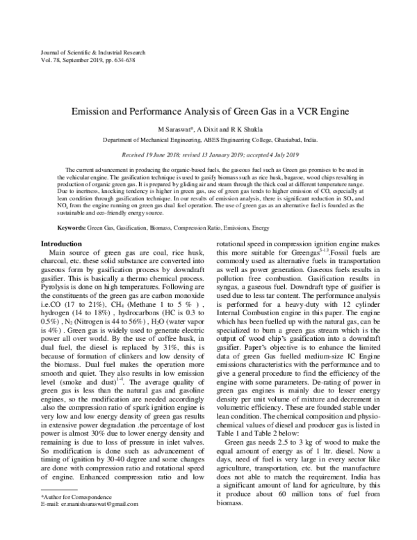 (PDF) Emission and Performance Analysis of Green Gas in a VCR Engine