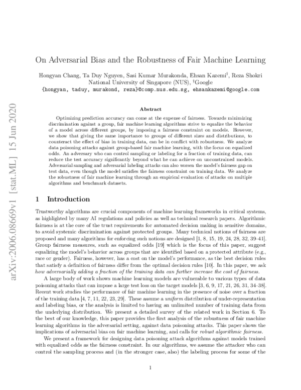 (PDF) On Adversarial Bias and the Robustness of Fair Machine Learning