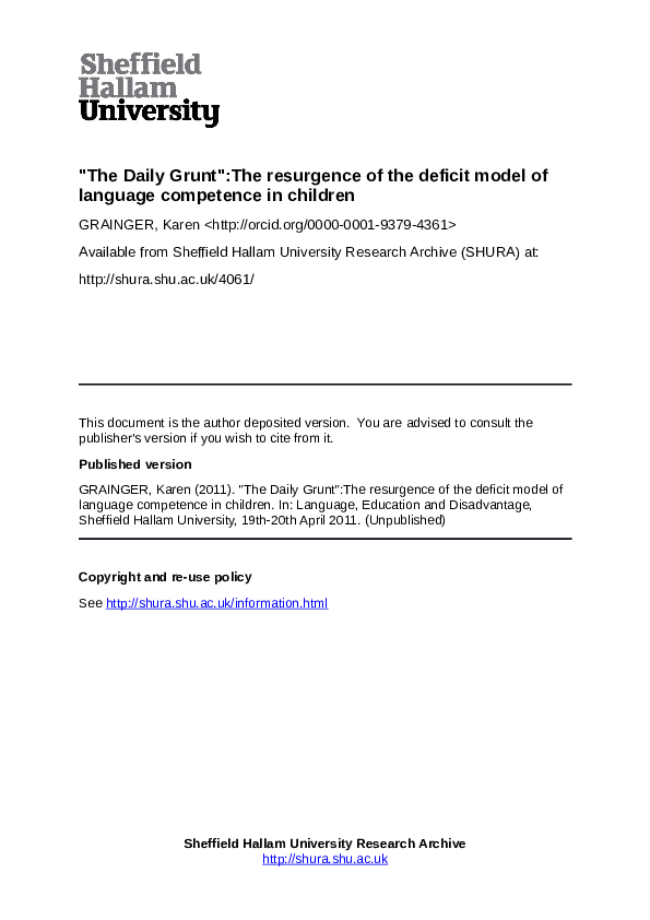(PDF) The Daily Grunt":The resurgence of the deficit model of language ...