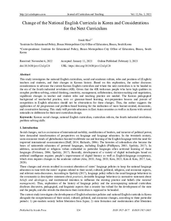 (PDF) Change of the National English Curricula in Korea and ...
