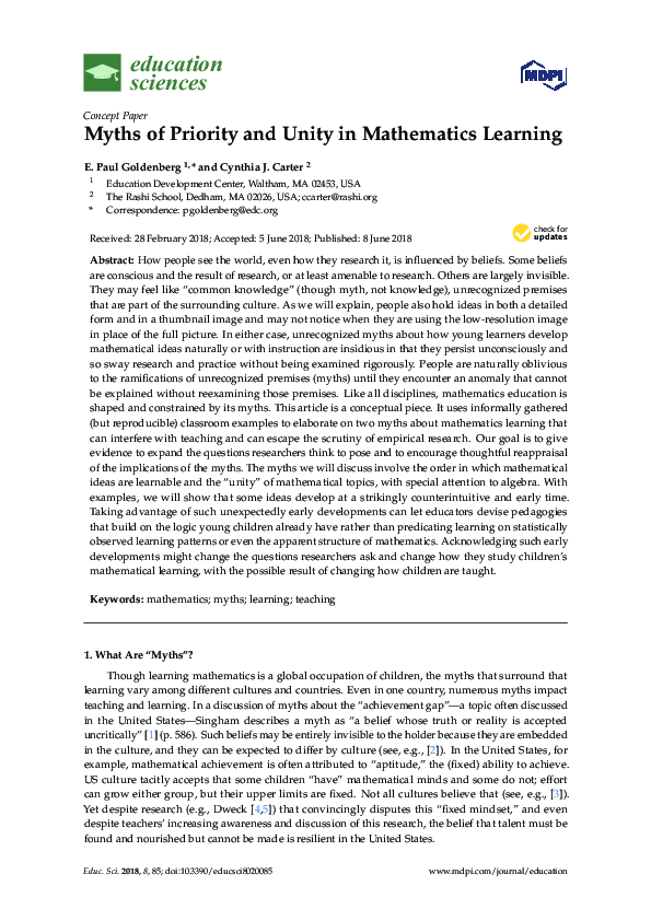 (PDF) Myths of Priority and Unity in Mathematics Learning