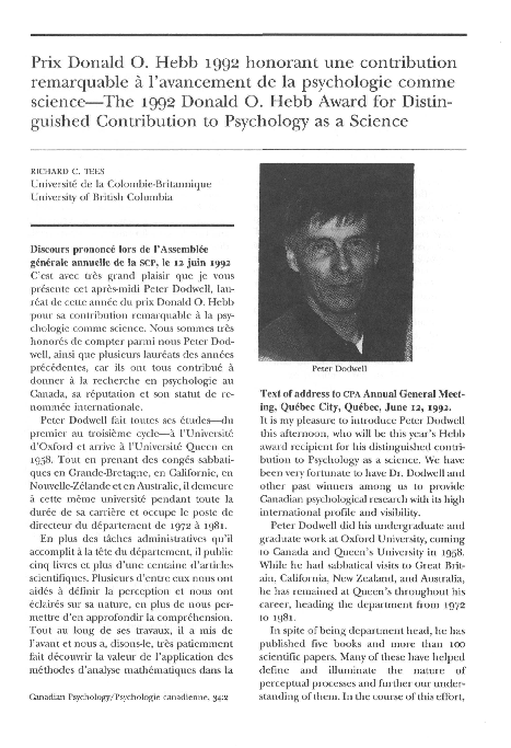 (PDF) Prix Donald O. Hebb 1992 honorant une contribution remarquable à ...