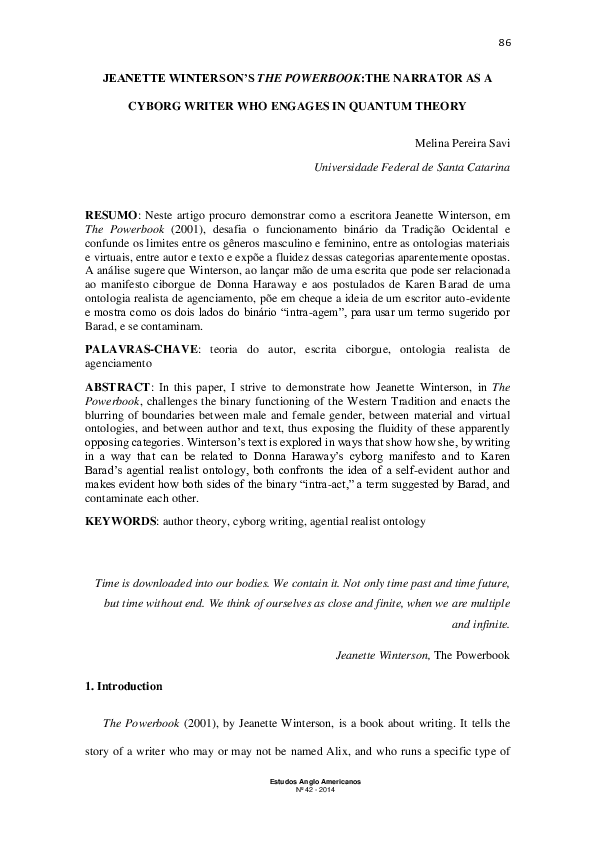 (PDF) Jeanette Winterson’s the Powerbook:The Narrator as a Cyborg ...
