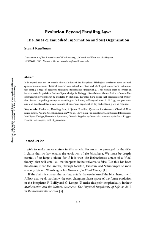 (PDF) Evolution Beyond Entailing Law: The Roles of Embodied Information ...