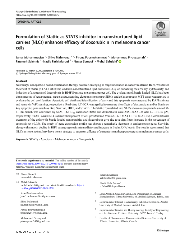 (PDF) Formulation of Stattic as STAT3 inhibitor in nanostructured lipid ...