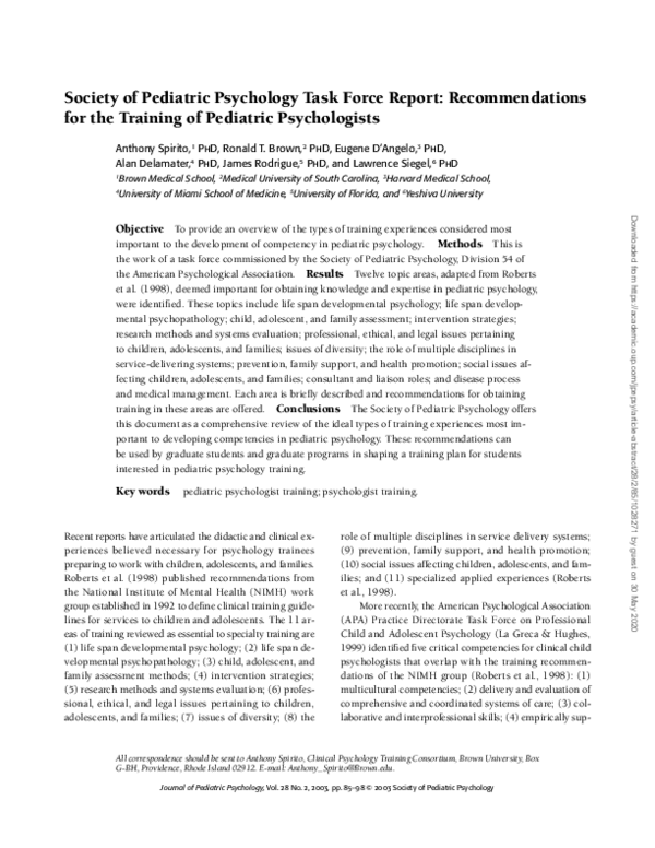 (PDF) Society of Pediatric Psychology Task Force Report ...