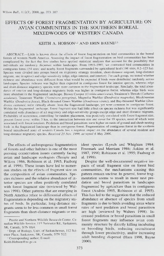 (PDF) Effects of Forest Fragmentation by Agriculture on Avian ...