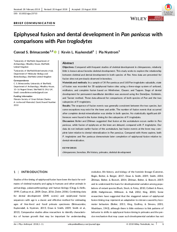 (PDF) Epiphyseal fusion and dental development in Pan paniscus with ...