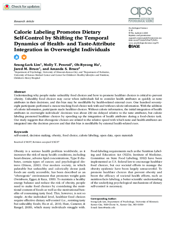(PDF) Calorie Labeling Promotes Dietary Self-Control by Shifting the ...