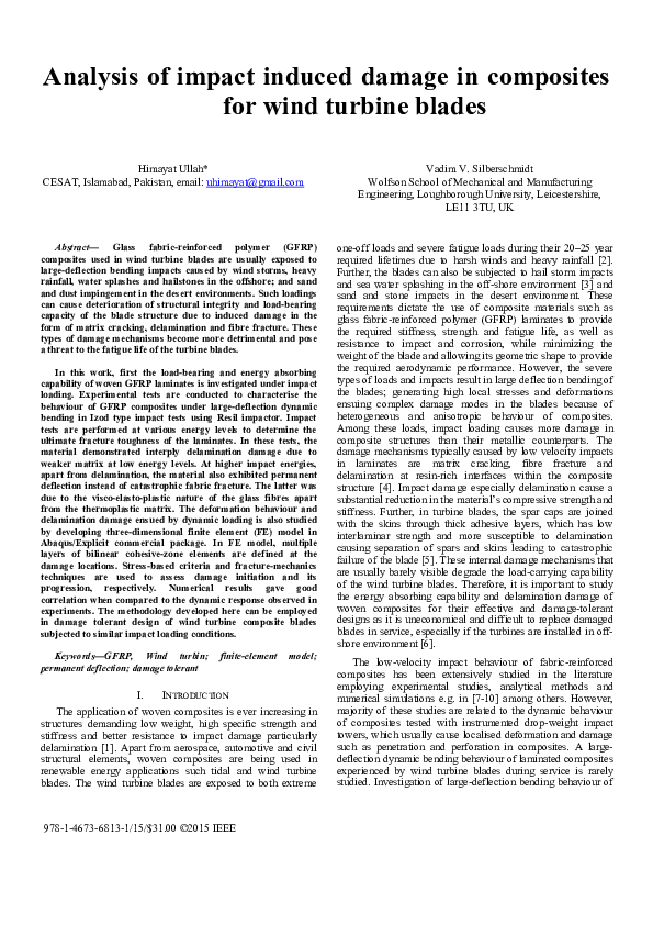 (PDF) Analysis of impact induced damage in composites for wind turbine ...