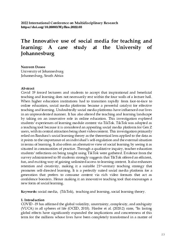 (PDF) The Innovative use of social media for teaching and learning: A ...