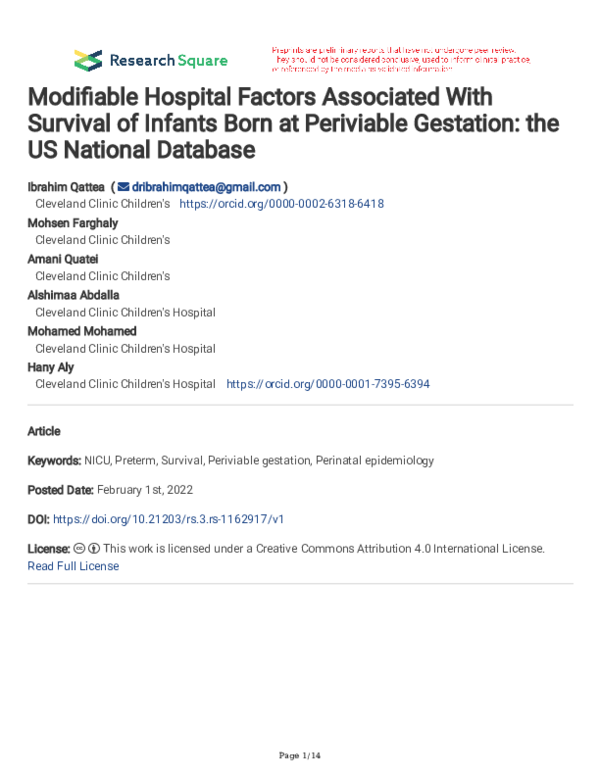 (PDF) Modifiable Hospital Factors Associated With Survival of Infants ...