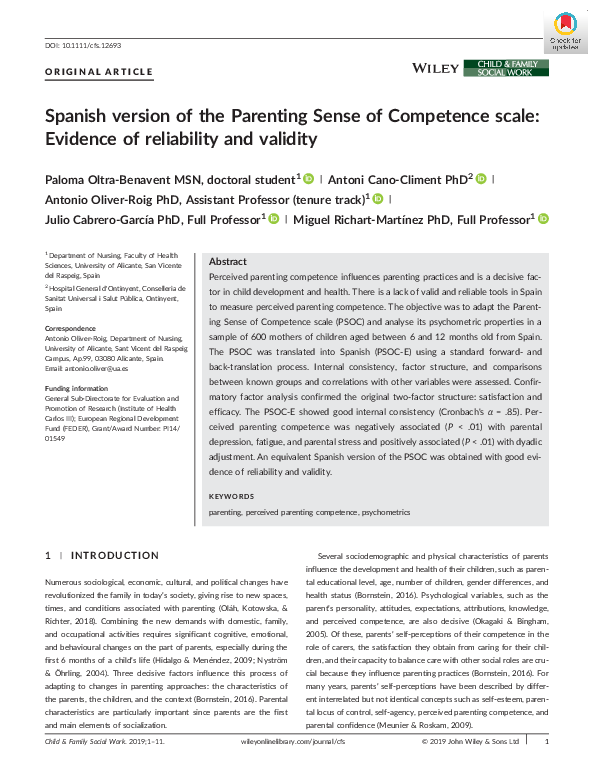 (PDF) Spanish version of the Parenting Sense of Competence scale ...