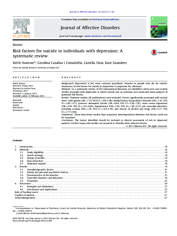 (PDF) Risk factors for suicide in individuals with depression: A ...