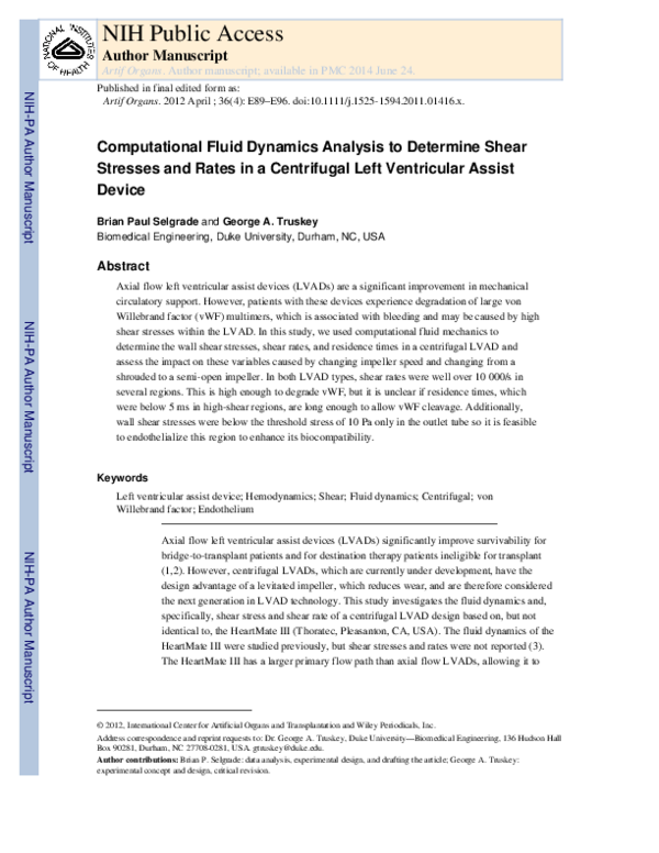 (PDF) Computational Fluid Dynamics Analysis to Determine Shear Stresses ...