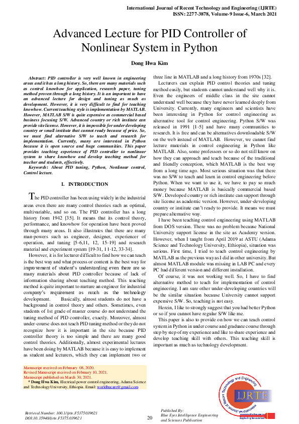 (PDF) Advanced Lecture for PID Controller of Nonlinear System in Python