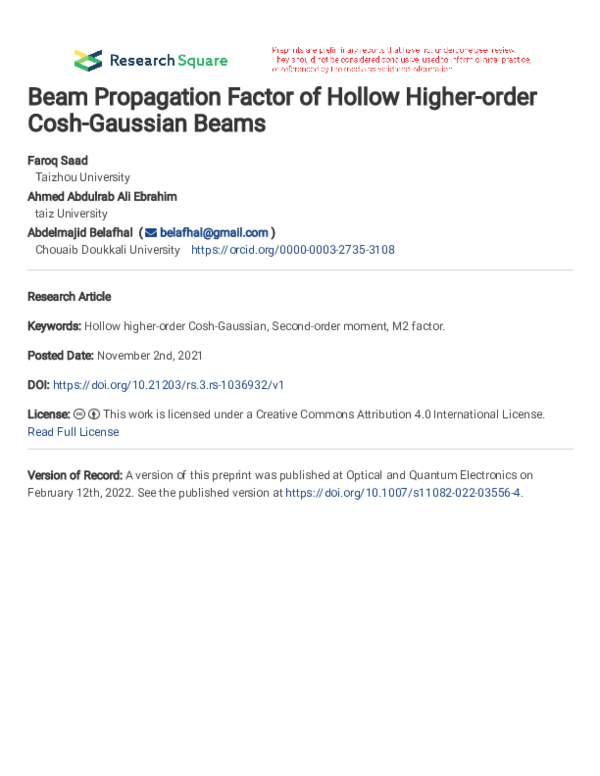 (PDF) Beam Propagation Factor of Hollow Higher-order Cosh-Gaussian Beams