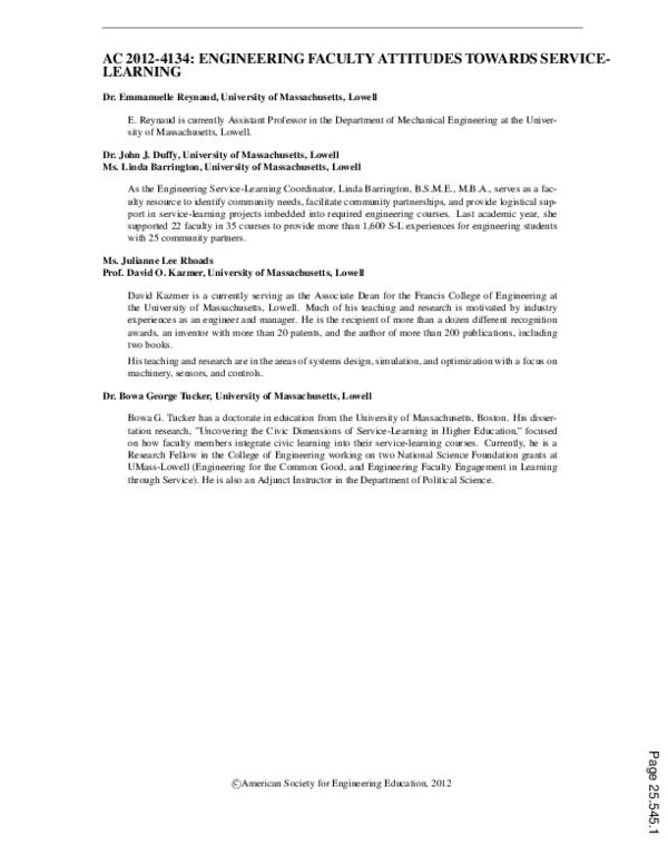 (PDF) Engineering Faculty Attitudes Towards Service-learning