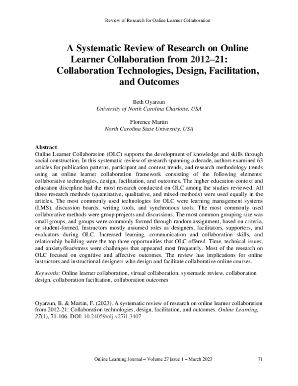 (PDF) A Systematic Review of Research on Online Learner Collaboration ...
