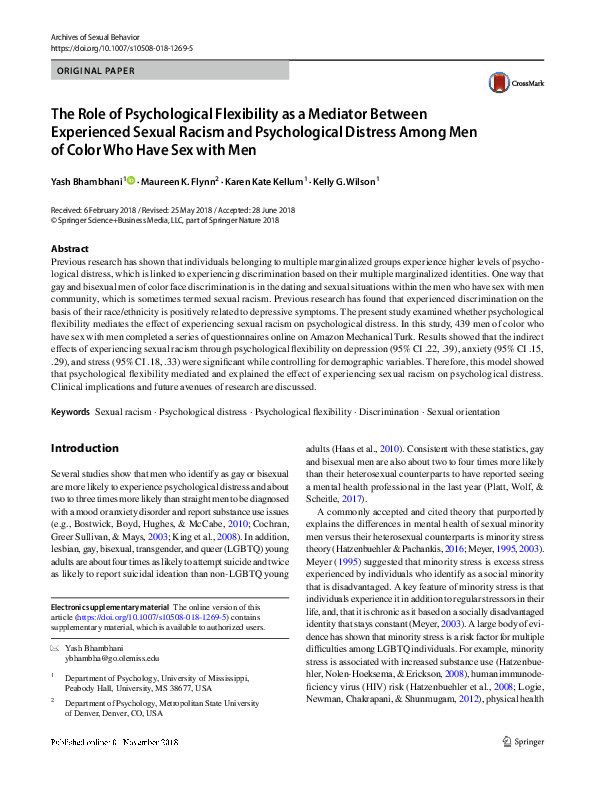 (PDF) The Role of Psychological Flexibility as a Mediator Between ...