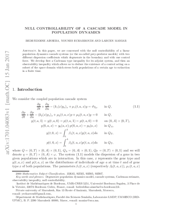 (PDF) Null controllability of a cascade model in population dynamics