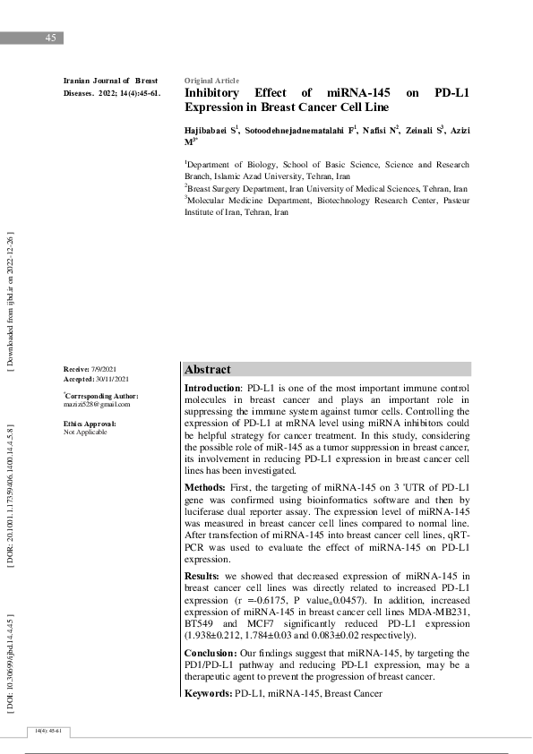 (PDF) Inhibitory Effect of miRNA-145 on PD-L1 Expression in Breast ...